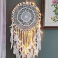 Nordic handmade crochet dream catcher variant with white feathers and fairy lights for home decor. - 0073 White With LED Light String