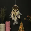White double ring feather dream catcher wall hanging with LED lights for home decoration - 0119CD