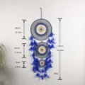 Indian style three-ring blue evil eye dream catcher wall hanging with feathers and beads. - 9520A Eye 40cm Triple Ring