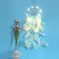 Double ring carousel dream catcher with LED lights and feathers for bedroom wall decor. - With LED Lights / Green