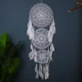 White 3-ring dream catcher variant featuring delicate crochet circles and soft hanging feathers. - 0191D Flower 40cm Triple Ring