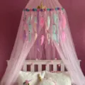 Dreamy pink unicorn bed canopy with feathers, magical hanging net decoration for cute girls bedroom. - Unicorn Strap / Pink