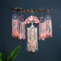 Dream catcher wall hanging 5-piece set, pink tree of life moon feather decor for bedroom. - With Wood Stick/Light String / Pink Floral