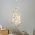 Crescent moon dream catcher wall hanging with LED lights and white feathers for bedroom home decor. - 9215F with Light