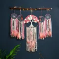 Macrame Dream Catcher Wall Hanging 5-Piece Set Handmade Boho Room Decor for Bedroom - Without Stick and String Lights / Pink Floral