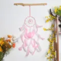 Pink feather dream catcher wall hanging, double circle design with cute pendant for room decor. - Without Lights / Pink
