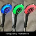 LED digital display shower head detail showing temperature and three colorful water spray modes. - Transparent Fahrenheit Model