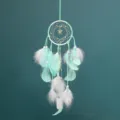Mint green feather dreamcatcher with LED string lights and star charm for wall decor. - 0129ACD Green / Green