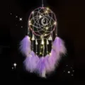 Purple feather dream catcher with LED fairy lights, moon pendant and chains for bedroom decor. - 0098FCD Purple