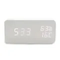 Close-up detail of the wooden digital LED alarm clock showing clear time and temperature data. - Standard Type / White