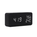 Detailed close-up view of the black wooden LED digital clock displaying time and environmental data. - Standard Type / Black