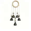 Vintage Hexen Glocken Tür Hängende Ornament mit Holzring Perlen und Bronzeglocken - Fünf-Glocken-Anhänger / Naturholzfarbe