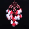 Acchiappasogni con piume rosse e bianche, cinque cerchi decorazione da appendere. - 1047A / 11x50cm / Rosso bianco