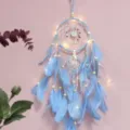Blue feather dream catcher wall hanging with LED lights, handmade bedroom decor gift. - MS7033ECD