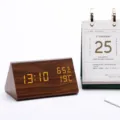 Wooden digital LED alarm clock, triangular desk clock with temperature and humidity display. - Brown Wood White Light