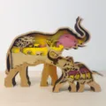 Wooden layered elephant ornament creative desktop decor animal statue for home living room gift - Wooden Mother & Child Elephants