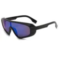 Futuristic oversized shield sunglasses for women, trendy reflective blue lens, black frame. - Black Frame Blue Mirrored Lens
