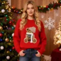 Dames rode kerst gebreide truien casual lange mouw pullover met schattig berenpatroon - S / Tops / Rood