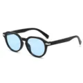 Retro round frame sunglasses with light blue lenses for stylish street fashion and UV protection. - Shiny Black Frame Blue Lens