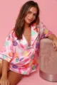 Women satin printed pajama set short sleeve cute heart loungewear casual sleepwear two pieces - S / Top And Bottom / Pink