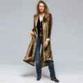 Femme rétro velours long trench coat vue de détail, manteau élégant uni avec fente. - S / Champagne