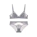 Gedetailleerd overzicht van de grijze Franse triangel bh-set met prachtig kanten design. - S / Top en Broek / Grijs