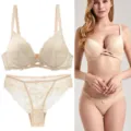 Sexy lace bra and panties set for women, featuring floral lace and chic cross straps design. - 75B / Top And Bottom / Off White