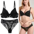Women black lace sexy bra and panties set with cross straps, comfortable floral underwear. - 75B / Top And Bottom / Black