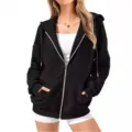 Women's casual long sleeve solid color pocket zipper hooded sweatshirt jacket top for daily wear - S / Tops / Black