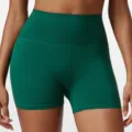 Dark green high-waisted yoga shorts, athletic fitness running biker shorts detail shot. - S / Bottoms / Marsh Green