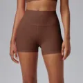 High-waisted brown yoga shorts for women, stretchy fitness and running athletic sportswear. - Chestnut Brown