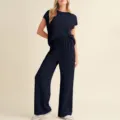Conjunto de dos piezas de punto acanalado para mujer cuello redondo manga corta pantalon ancho - S / Top y Pantalones / Azul Marino