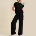 Conjunto de dos piezas para mujer casual camiseta manga corta acanalada y pantalon largo. - S / Top y Pantalones / Negro
