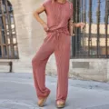 Conjunto casual de top acanalado y pantalón ancho para mujer vista de detalle textura. - S / Top y Pantalones / Rojo