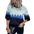 Women stylish color block knit sweater casual long sleeve geometric pullover top autumn winter - S / Tops / Blue