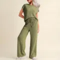 Conjunto de dos piezas acanalado para mujer con top de manga corta y pantalón ancho - S / Top y Pantalones / Verde Militar