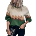 Detailed view of women color block knit sweater featuring geometric diamond pattern and chic design. - S / Tops / Green