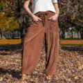 Stijlvolle dames herfst winter bruine ribfluweel casual harembroek met handige zakken. - S / Bottoms / Bruin
