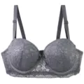 Detailed view of the gray lace underwire push up bra showing delicate floral lace design. - 75B / Tops / Silver
