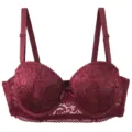 Wine red lace push-up bra detail shot featuring underwire support and longline design. - 75B / Tops / Wine Red
