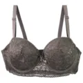 Detailed view of grey lace underwire bra showing delicate floral pattern and adjustable straps. - Army Green