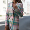 Women colorful plaid lapel double breasted blazer jacket autumn new fashion streetwear - S / Tops / Pink Plaid