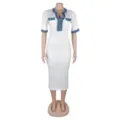 Women V-Neck Denim Patchwork Bodycon Dress Elegant Casual Short Sleeve Slim Midi Dress - S / Dresses / White