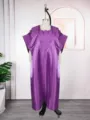 Purple satin square neck embroidered loose long robe dress, elegant plus size casual maxi dress. - One Size / Dresses / Purple