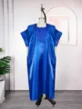 Detail view of blue satin embroidered long dress, loose fit casual kaftan maxi dress for women. - One Size / Dresses / Blue