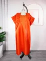 Orange satin long dress detail, square collar with exquisite embroidery, loose fit. - One Size / Dresses / Orange