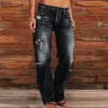 Stylish women distressed washed dark denim flare pants slim fit casual long trousers - S / Black