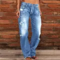 Women washed blue distressed flared jeans slim fit vintage denim long trousers casual wear - Medium Blue