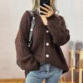 Mujer vintage grueso cuello V manga larga cardigan de punto monopetado ropa casual - S / Marrón
