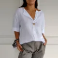 Women casual white linen V-neck long sleeve blouse shirt with single button front top details - S / White